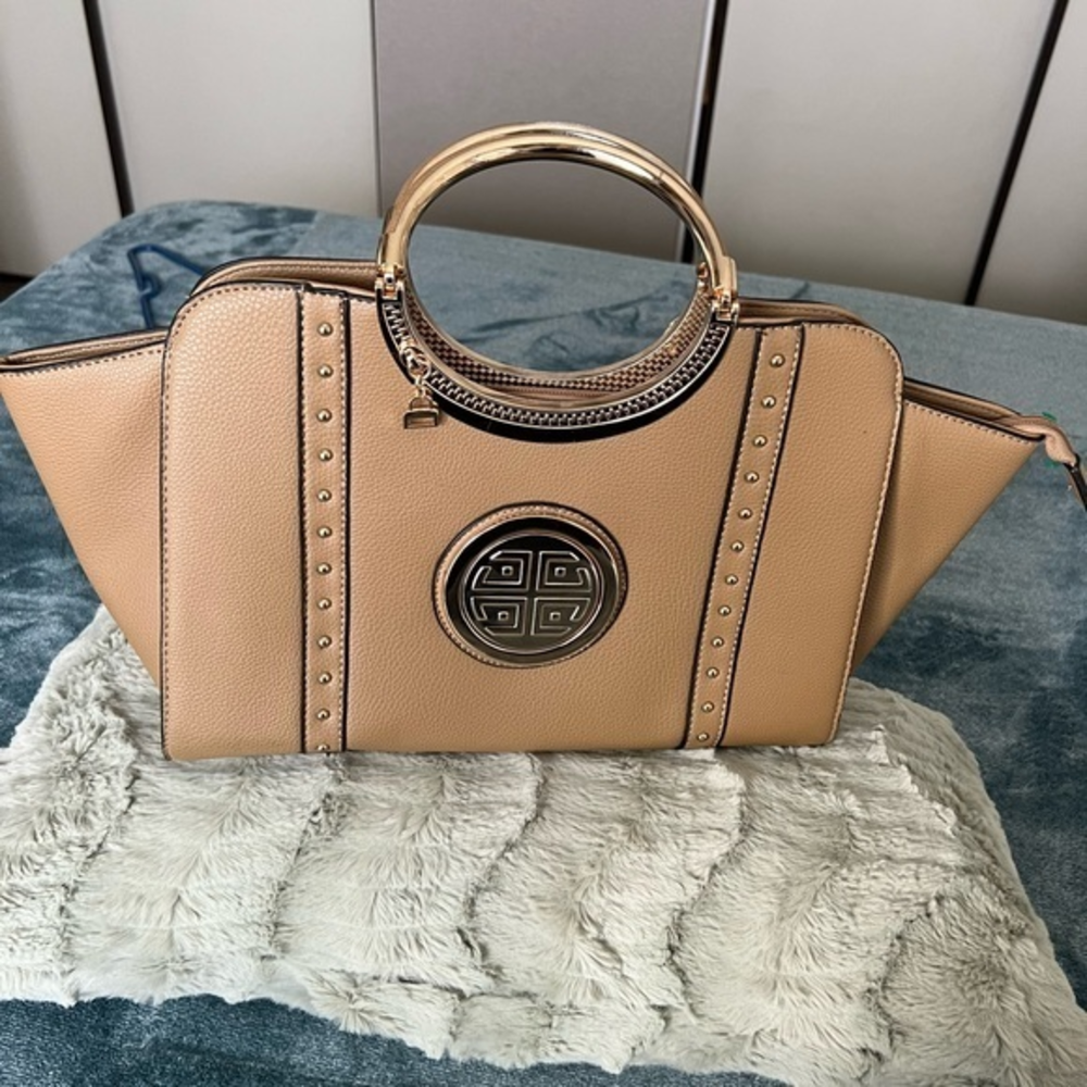 Women's Studded Top Ring Handle Wing Tote Satchel Bag
